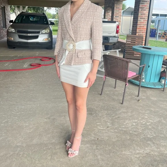 TWEED TAN WHITE HOMECOMING SUIT HAT DRESS GUC ALTERED PEARL BUTTONS WOOL HAT SM - Picture 4 of 12